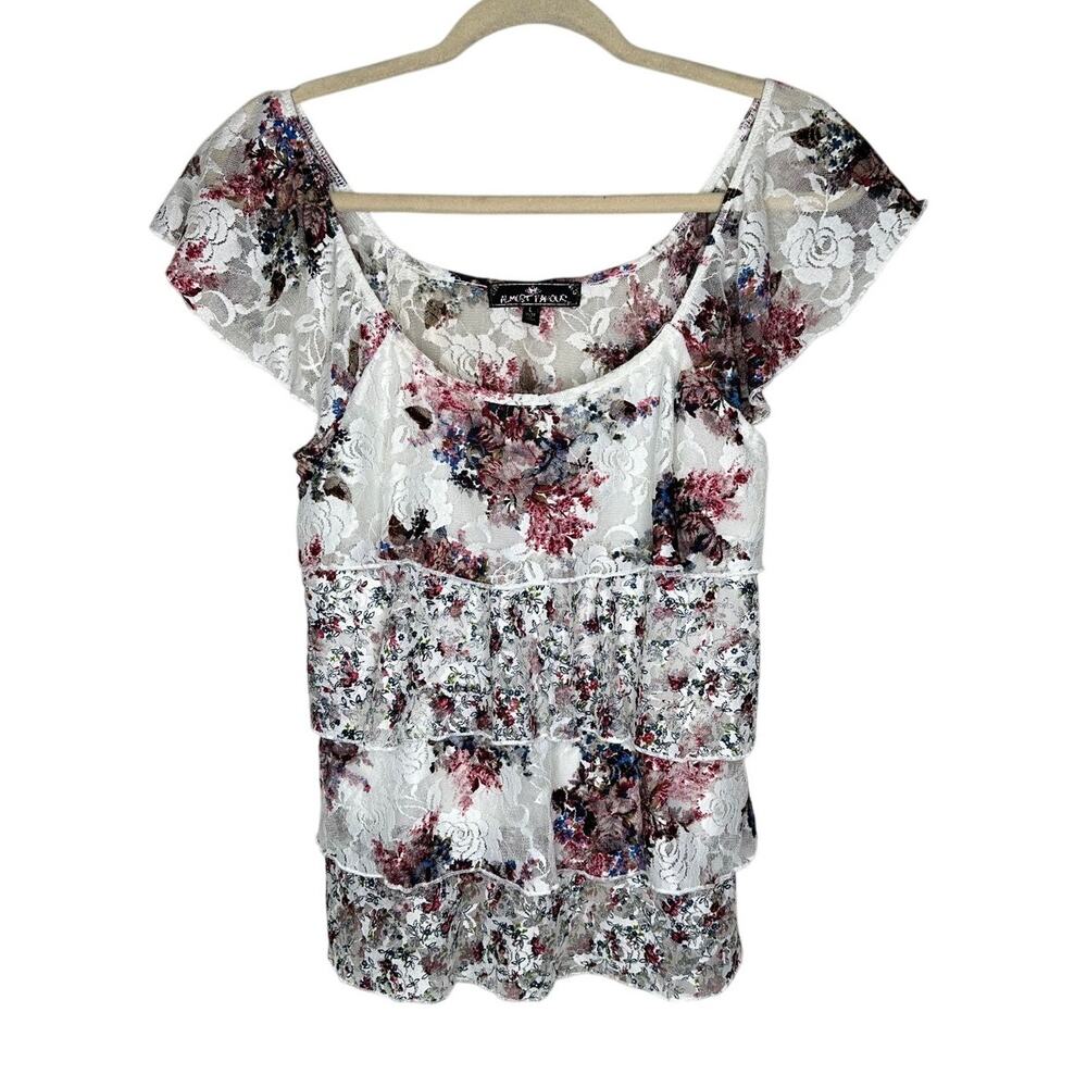 Almost Famous White Lace Tiered Blouse Size L Purple Pink Floral Cap Sleeve EUC